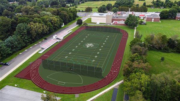 Photo of an architect's rendering of the proposed track and field, showing Red Hook High School